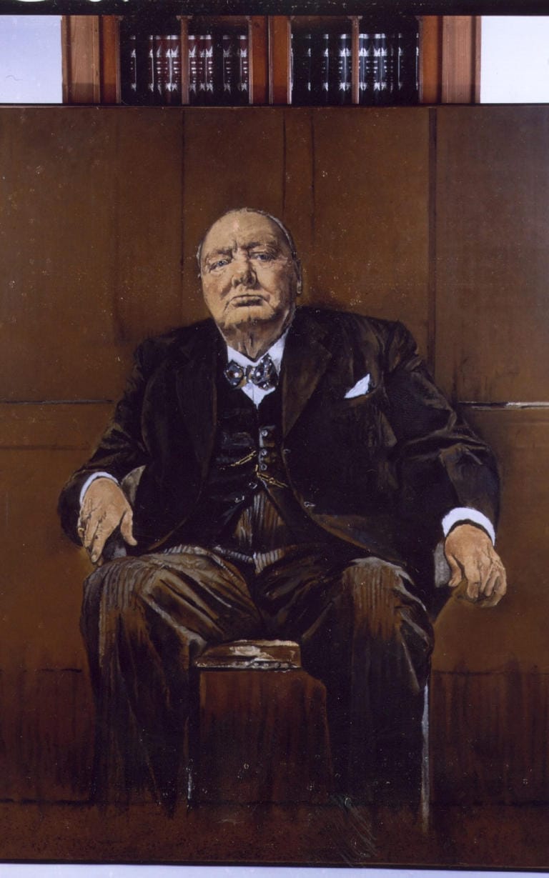 Вот такой портрет Уинстон Черчилль получил на своё 80-летие. Он ненавидел его за то, что выглядит на нём «пьяным в стельку»